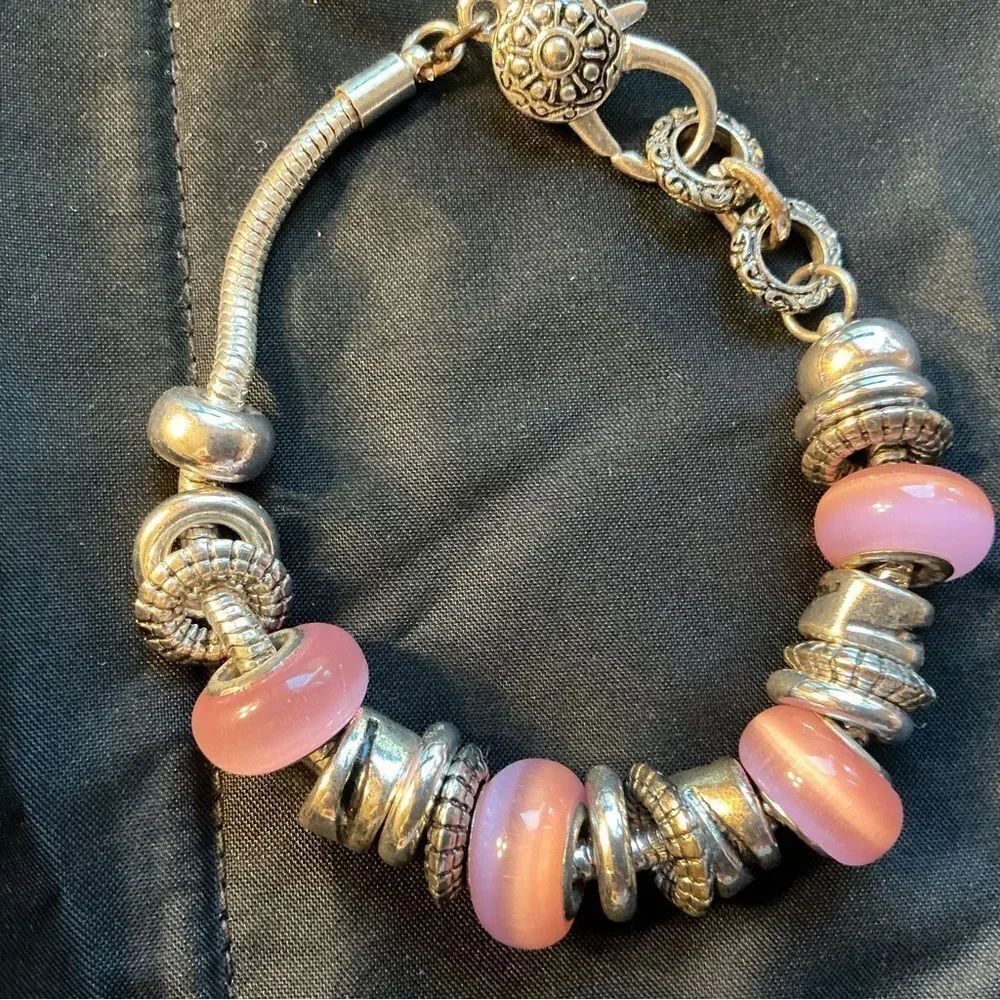 Elegant Silver and Pink Glass Bead Charm Bracelet